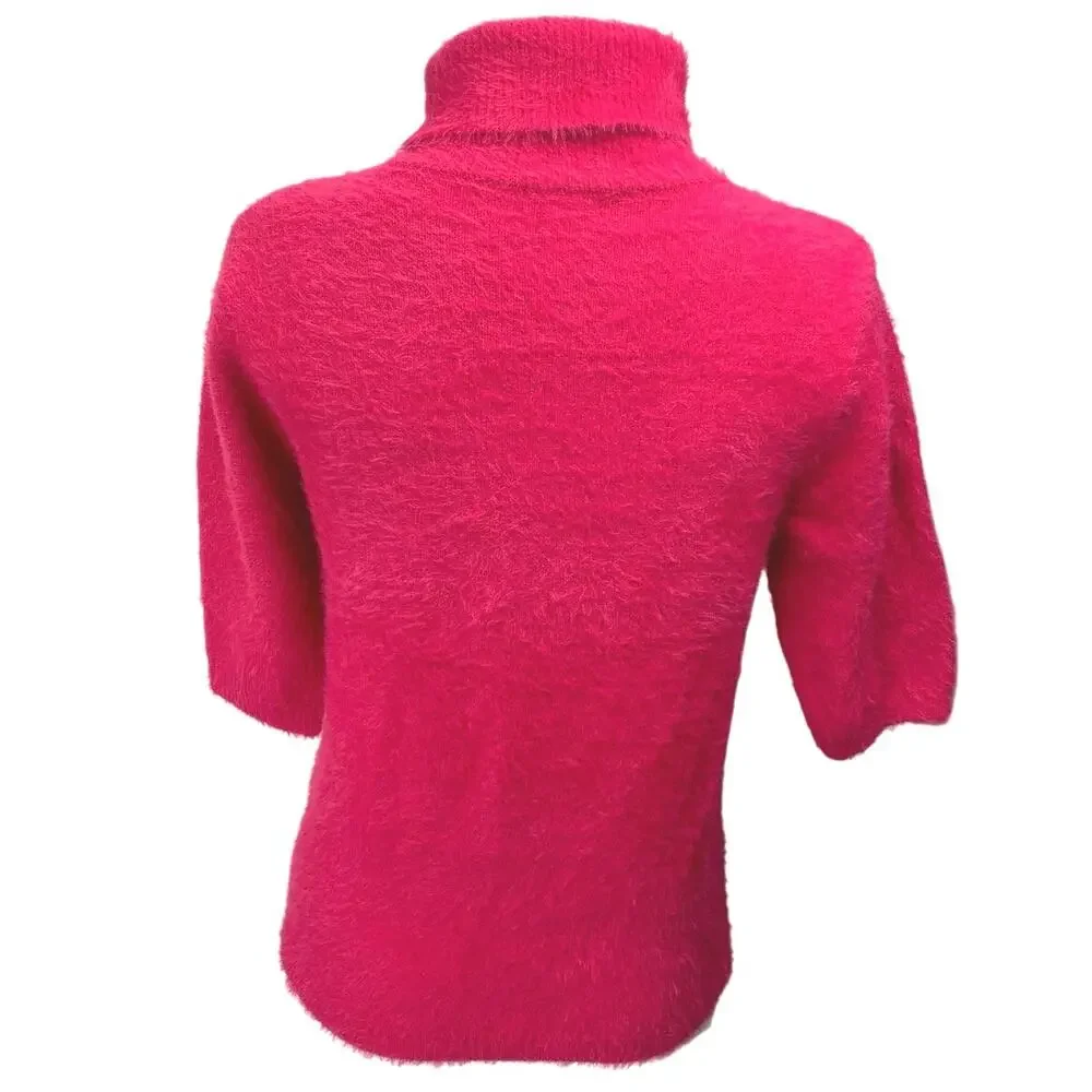 Esqualo Women's Pink Fuzzy Knit Short Sleeve Turtleneck Sweatshirt Sweater Top M